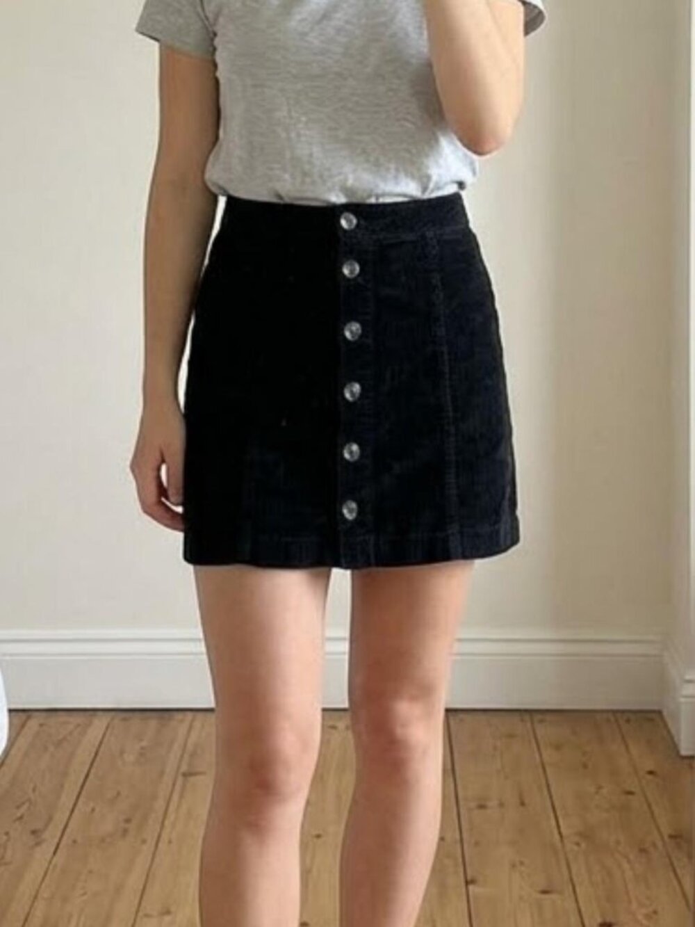 Black Corduroy Ribbed Mini Button Down Skirt